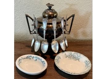 Antique Middletown Silver Plate Spooner Sugar Dish Butterfly Lid (6) Spoons -Grindley Shandon Dish - Hanley