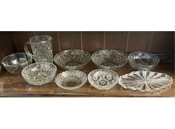 Assorted Crystal And Glass Bowls, Pitcher, Divided Dish, And Anchor Hocking Mixing Bowl