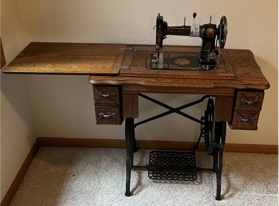 Stunning Antique Sewing Machine New Gourlay With Trundle, Solid Oak Wood Cabinet & Accessories