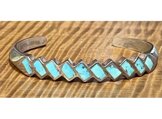 Old Pawn Vintage Sterling Silver Inlay Turquoise Cuff Bracelet 16.9 Grams