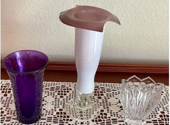 (3) Art Glass Vases - (1) Purple, (1) White Case Purple Interior, And (1) Clear