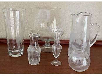 Collection Of Etched Art Glass Bowl - Made In Romania, Pitcher, And Fish Bowl