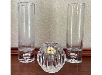 Block Mouth Blown Hand Cut Lead Crystal Set From Poland - Candle Holder And (2) Vases