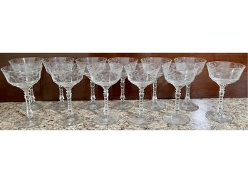 (12) Vintage Crystal Etched Flower Martini Glasses