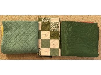 (3) Vintage Blankets - Patchwork Tie Quilt, Green And Yellow Quilted, And Pink And Green Satin