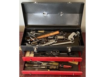 Vintage Metal Toolbox With Contents - Screw Drivers, Wrenches, Pliers, And More