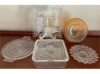 Collection Of Serving Trays And Covered Dishes - Carnival Glass, Cake Plate, Divided Dish, Etc.