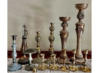 Collection Of Candle Holders - Brass, Resin, And Metal With Extinguisher