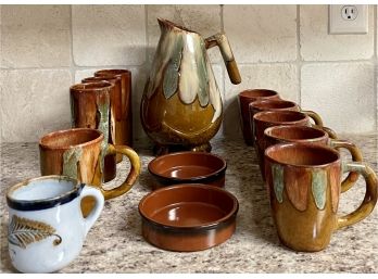 Collection Of Hand Made Mid Century Drip Glaze Studio Pottery - 1 Pitcher, 3 Glasses, And 6 Mugs