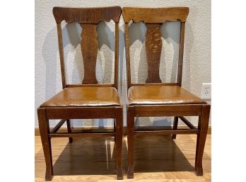 Pair Of Antique Oak Leather Seat Mission Style Chairs