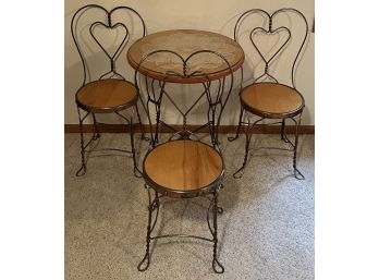 Vintage Glass Top Parlour Table With (3) Heart Back Chairs