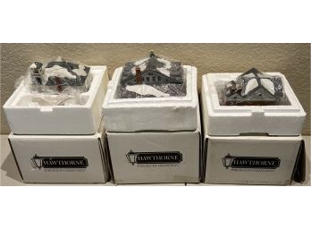 (3) Hawthorne Porchlight Collections Figurines With Original Boxes - The Firehouse, Rockwell's Studio, & More