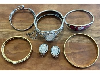 Vintage Bracelet Lot With Cameo Glass Silver Tone Cuff Bracelet With Matching Earrings - Mexico Shell & More