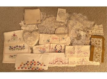 Large Collection Of Vintage Crochet, Lace, Embroidered Doilies, Pillow Cases, Hand Towels, And More