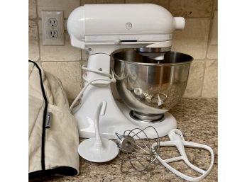 White KitchenAid Mixer Artisan Model No. Ksm150psww With Cover And Accessories 325 Watt
