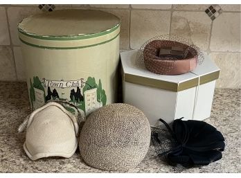 Collection Of Pill Box Hats With Lace Netting And (2) Vintage Hat Boxes - Milady's Shop And Town Club