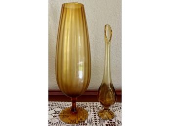 (2) Vintage Mid Century Amber Art Glass Vases