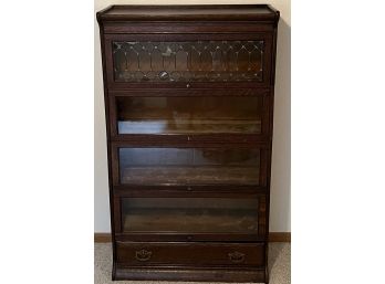 Antique Solid Oak Barrister Book Case With Lead Glass Top And Bottom Drawer (5 Piece)