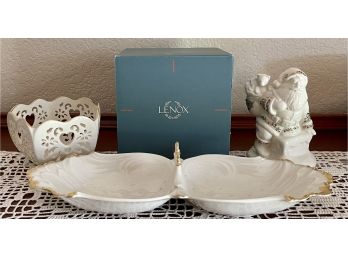 Collection Of Lenox Ivory And Gold Porcelain - Santa, Pierced Bowl, And Double Side Dish
