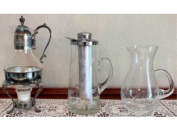 (3) Mid Century Modern Coffee And Tea Pitcher (1) Etched Flower And Chrome (1) Silver Plate (1) Etched Glass