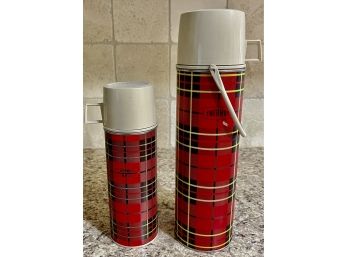 (2) Vintage Plaid Thermos' With Cup Lids