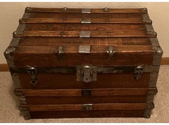Antique Wooden Chest With Metal Trim And Leather Handles