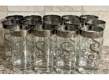 (14) Mid Century Modern Silver Rimmed 'S' Initialed Water Glasses