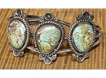 Old Pawn Navajo Sterling Silver And Green Turquoise Three Stone Cuff Bracelet 26.4 Grams Total Weight