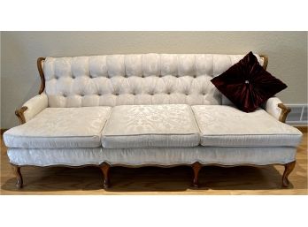 Vintage Weberg Industries Cream Brocade Tufted 3 Cushion Couch With Wood Legs And Arms