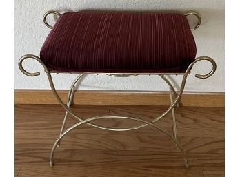 Vintage Brass Bench With Red Striped Velvet Cushion