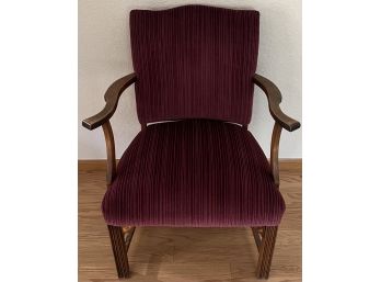 Vintage Red Striped Velvet Upholstered Walnut Arm Chair