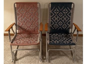 Pink And Blue Folding Rocking Chairs With Woven Seats And Backs