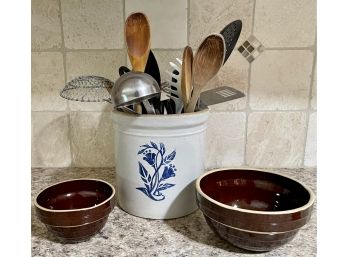 USA Pottery Crock Filled With Kitchen Utensils, And (2) Stoneware Bowls 5' And 7'