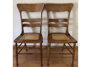 (2) Antique Solid Oak Chairs With Cane Woven Seats