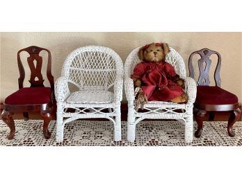 (4) Vintage Doll Chairs- (2) White Wicker (2) Wood With Velvet Seats And (1) Remington Bear