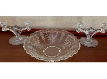 Vintage Etched Fostoria Console Bowl And (2) Double Candle Holders