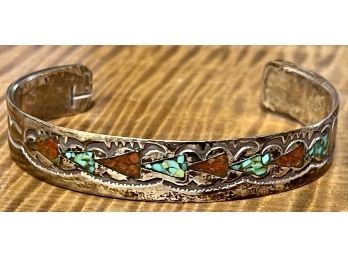 Vintage Sterling Silver - Turquoise - Coral Inlay Native American Bracelet Signed T (Mary Thomas) 13.5 Grams