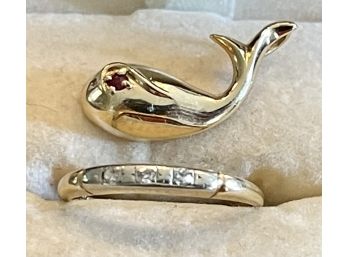 14K Vintage Gold Ring With 3 Small Diamonds And Small 14K Gold Whale Pendant With Spinel Eye 2.1 Grams Total