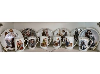 Collection Of Norman Rockwell Matching Mugs And Plates - The Toy Maker, The Cobbler, For A Good Boy, Etc.