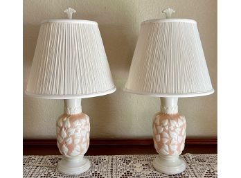Pair Of Mid Century Modern Pink And White Leaf Satin Glass Lamp With Satin Glass Finials