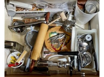 Collection Of Vintage Kitchenware - Rolling Pins, Cookie Press, Wood Bowls, Sifters, Beaters, Grinder, Etc.