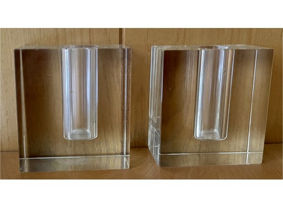 Pair Of Mid Century Modern Heavy Crystal Candle Holders