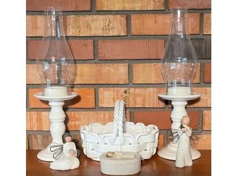 Home Decor - 2 Pottery Candle Holders W Hurricane Globes - 3 Willow Tree Angels - Italy Porcelain Woven Basket
