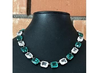 Sterling Silver Open Back Bezel Set Green And Clear Crystal Faceted Stone Necklace 15'