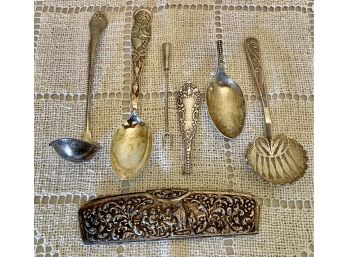 Sterling And Coin Silver Lot - Antique Spoons, Repousse Comb, Taxco Fork, Silver Wire Spoon
