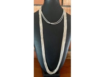 (3) Necklaces- (2) Silver Tone Rope Chain And (1) Sterling Silver Multi Strand Liquid Bead Coldwater Creek