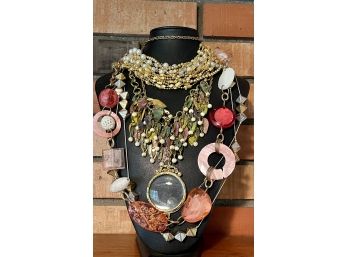 Lot Of Mid-century Modern Statement Necklaces - Gold Tone, Plastic And Glass Bead, Faux Pearl, And More
