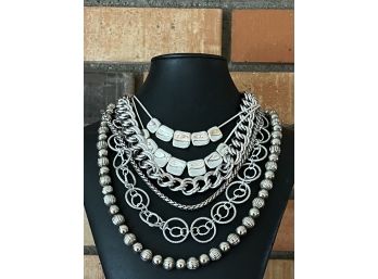 (5) Vintage Silver Tone Necklaces - Round Bead, Byzantine Chicos, Link Chain, And More