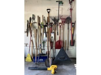 Large Lot Of Assorted Yard Tools - Corded Leaf Blower, Rakes, Pull Saw, Shovels, Shears, And More