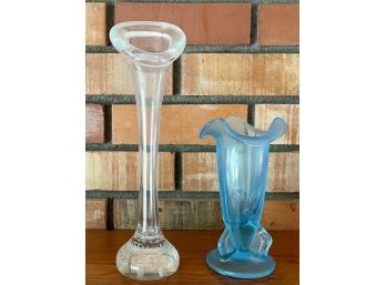 Vintage Blue Tree Branch Glass Vase With Ruffled Rim And Controlled Bubble Art Glass Bud Vase